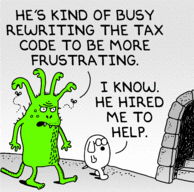 Dogbert gets a job at the IRS helping Stanky Batherd rewriting the tax code to make more frustrating??????